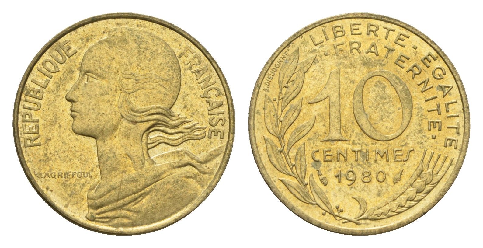 Франция 10 сантимов 1980 KM 929 алюминиевая бронза 4674-613