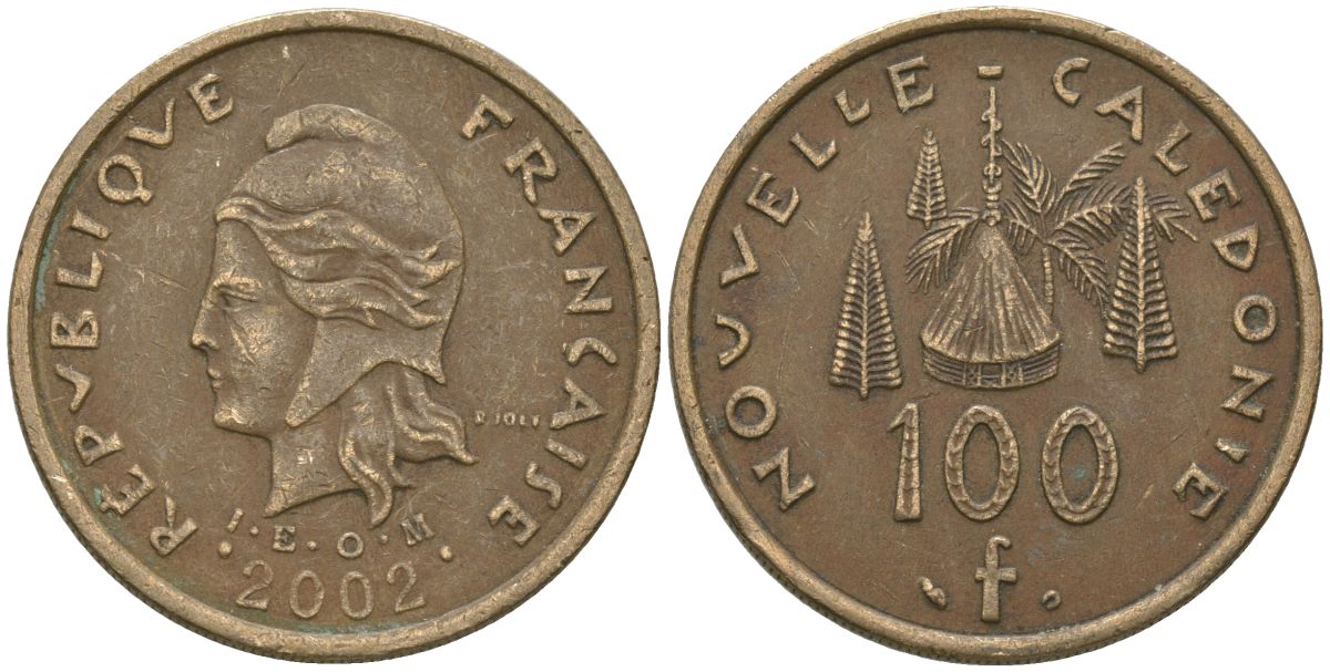 Французская Новая Каледония 100 франков 2002 хижина среди сосен и пальм, (IEOM) KM 15, Schoen 16, Lec 139f никель бронза 97-1112