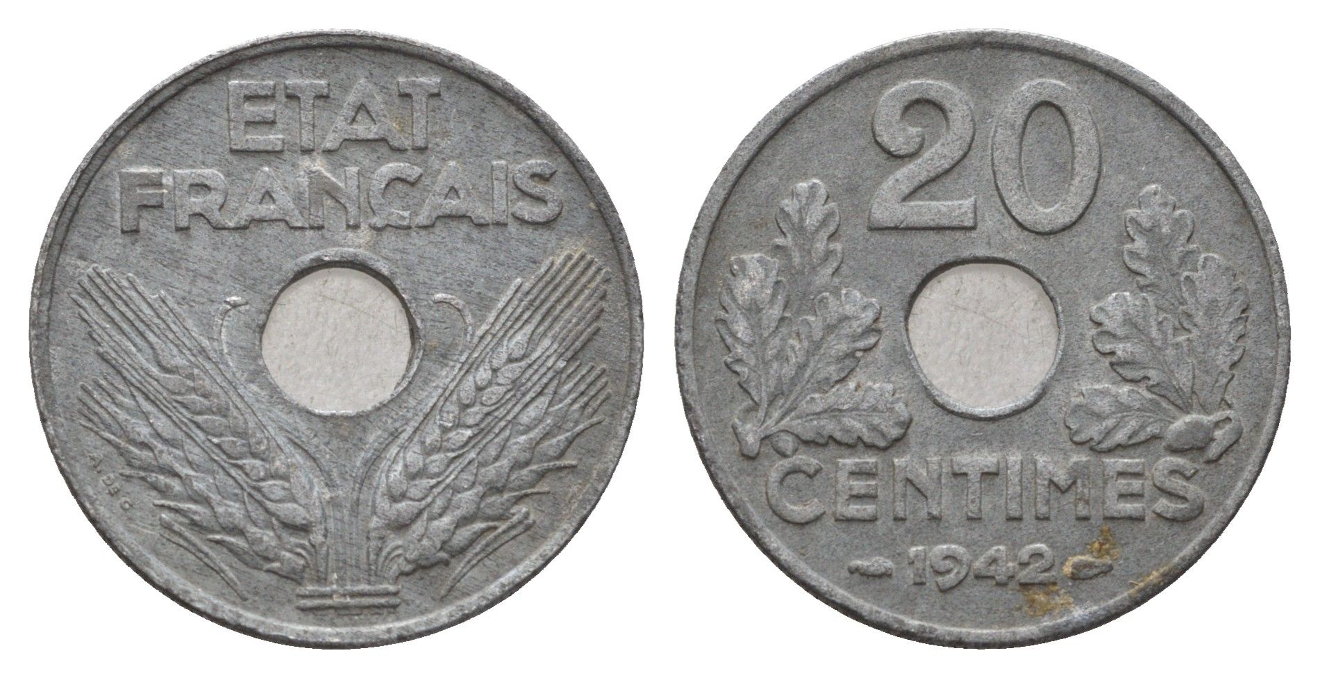 Франция 20 сантимов 1942 KM 900.1, Le Franc 153/2 цинк 4121-251