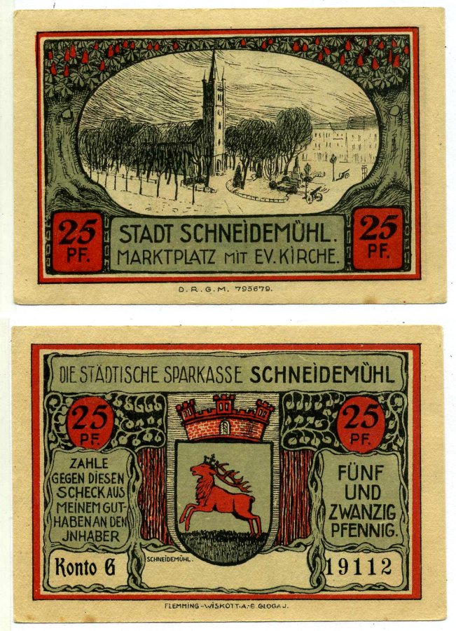 Шнейдемюль (SCHNEIDEMUHL) 25 пфеннигов 1922 нотгельд (KONTO G), земля Померания Grabowski 1191.2b бумага 2196-1-3-2