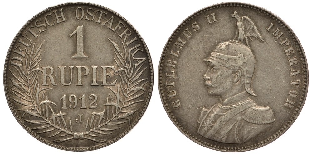 Немецкая Восточная Африка (Танзания) 1 рупия 1912 J - OST-AFRICA, реставрация гурта Jaeger 722, KM 10 серебро 5010-631