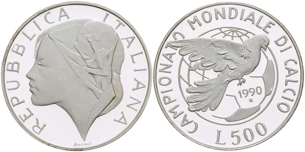 Италия 500 лир 1990 R, чемпионат мира по футболу в Италии 1990 года, голубь мира на фоне мяча KM 136 серебро PROOF 1074-10-45