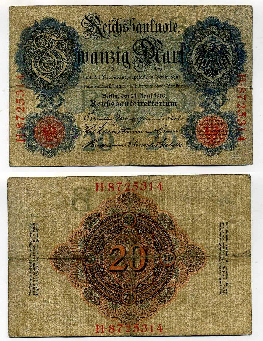 ГЕРМАНИЯ 20 МАРОК 1910 7 значный номер Pick 40 b бумага 6293-57-3