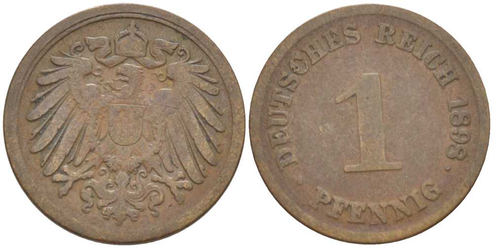 ГЕРМАНИЯ 1 ПФЕННИГ 1898 D KM 10, J. 10, Weege 2 медь 211-232