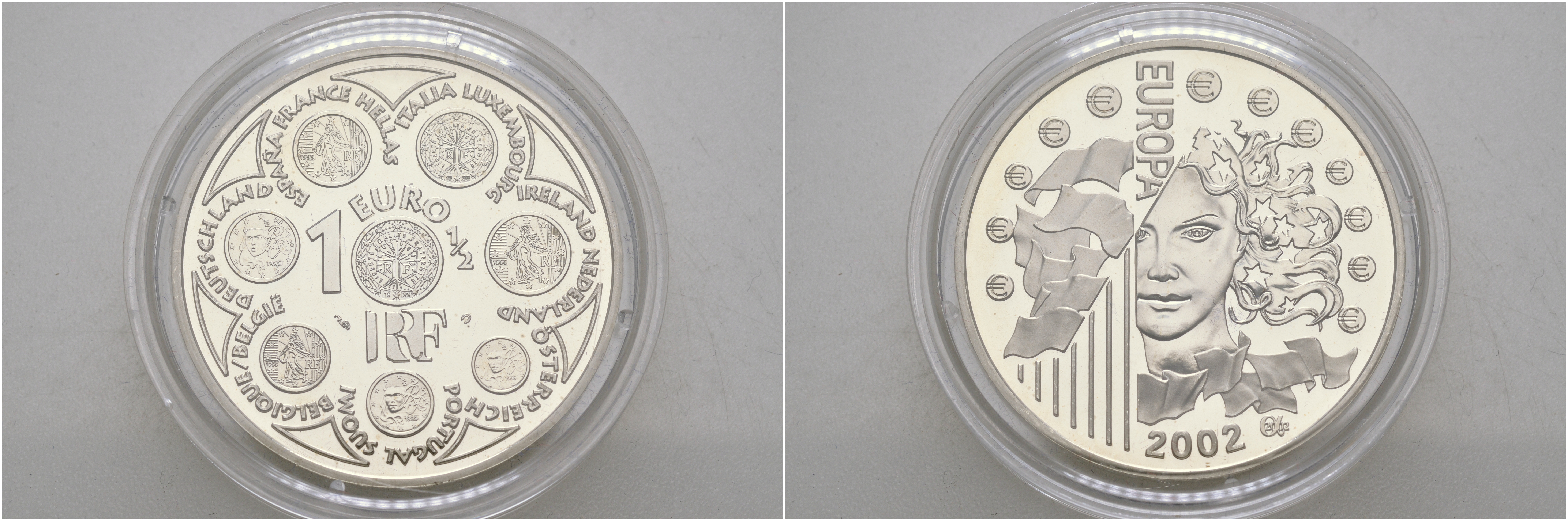 Франция 1 1/2 евро 2002 введение евро KM 1301 серебро PROOF 01-165-23