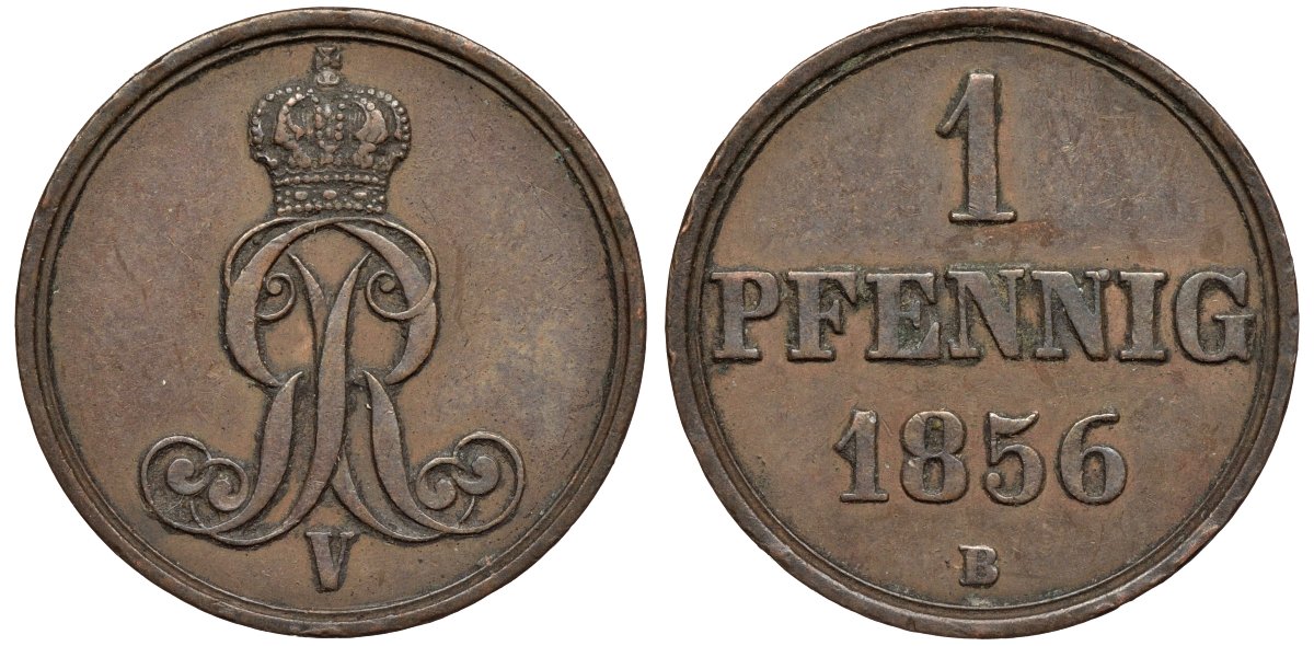 Ганновер 1 пфенниг 1856 B, Георг V KM 221, AKS 155, J. 83 медь 4594-234