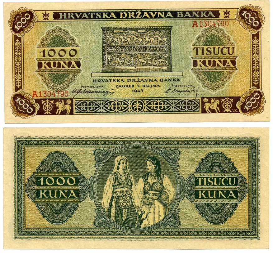 ХОРВАТИЯ 1000 КУНА 1943 Pick 12 бумага аUNC 7486-10-2-1