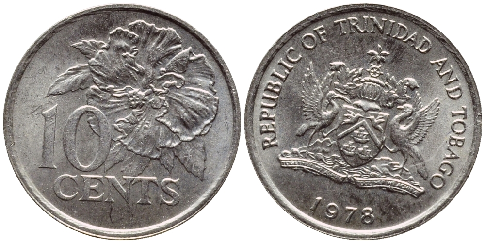 Тринидад и Тобаго 10 центов 1978 цветок гибискуса KM 31 медно-никель 4396-862