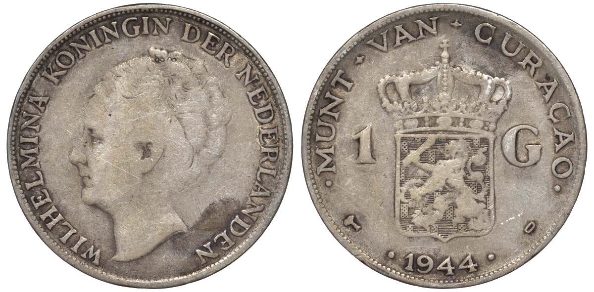 Нидерландское Кюрасао 1 гульден 1944 D, Вильгельмина (1890-1948) KM 45 серебро 36-545