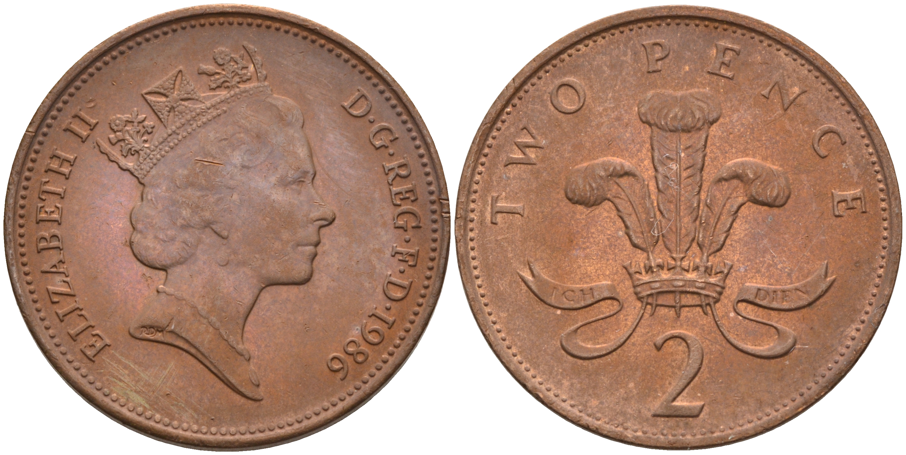 Великобритания 2 пенса 1986 Елизавета II (1952-2022) KM 936, Spink 4376 (C3) бронза 4592-435