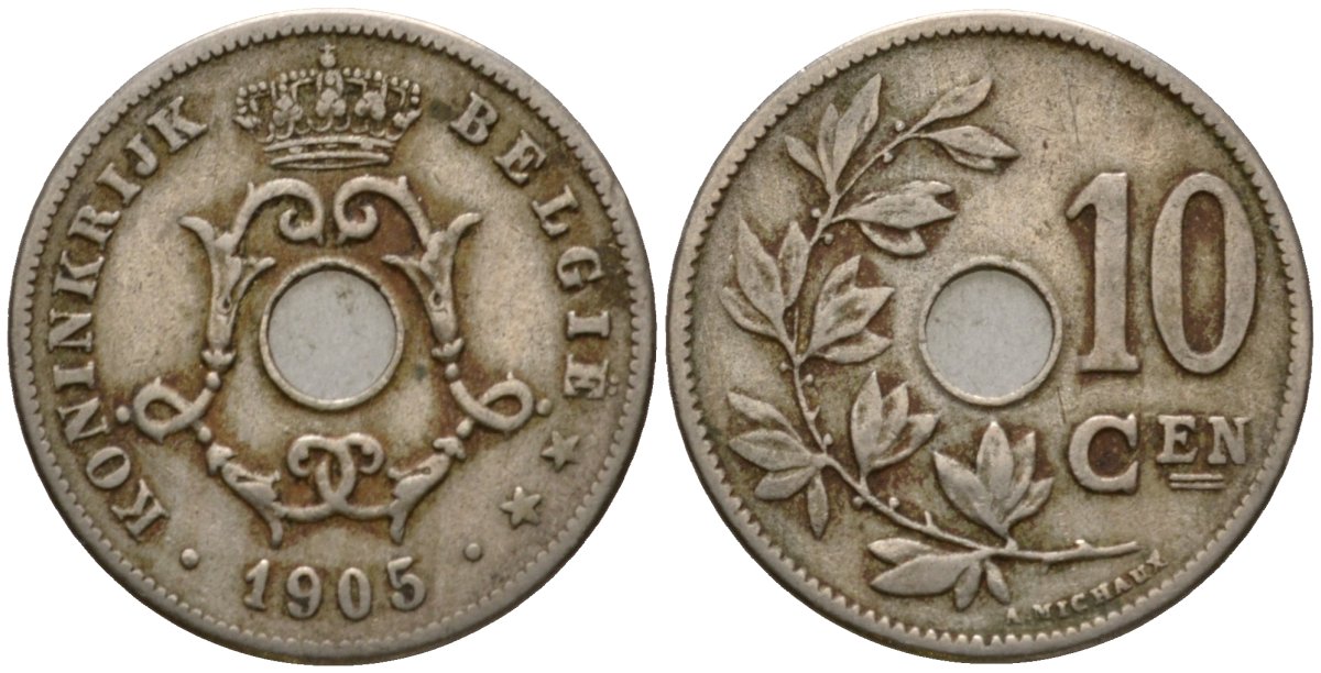 Бельгия 10 сантимов 1905 Belgie KM 53 медно-никель 4543-527