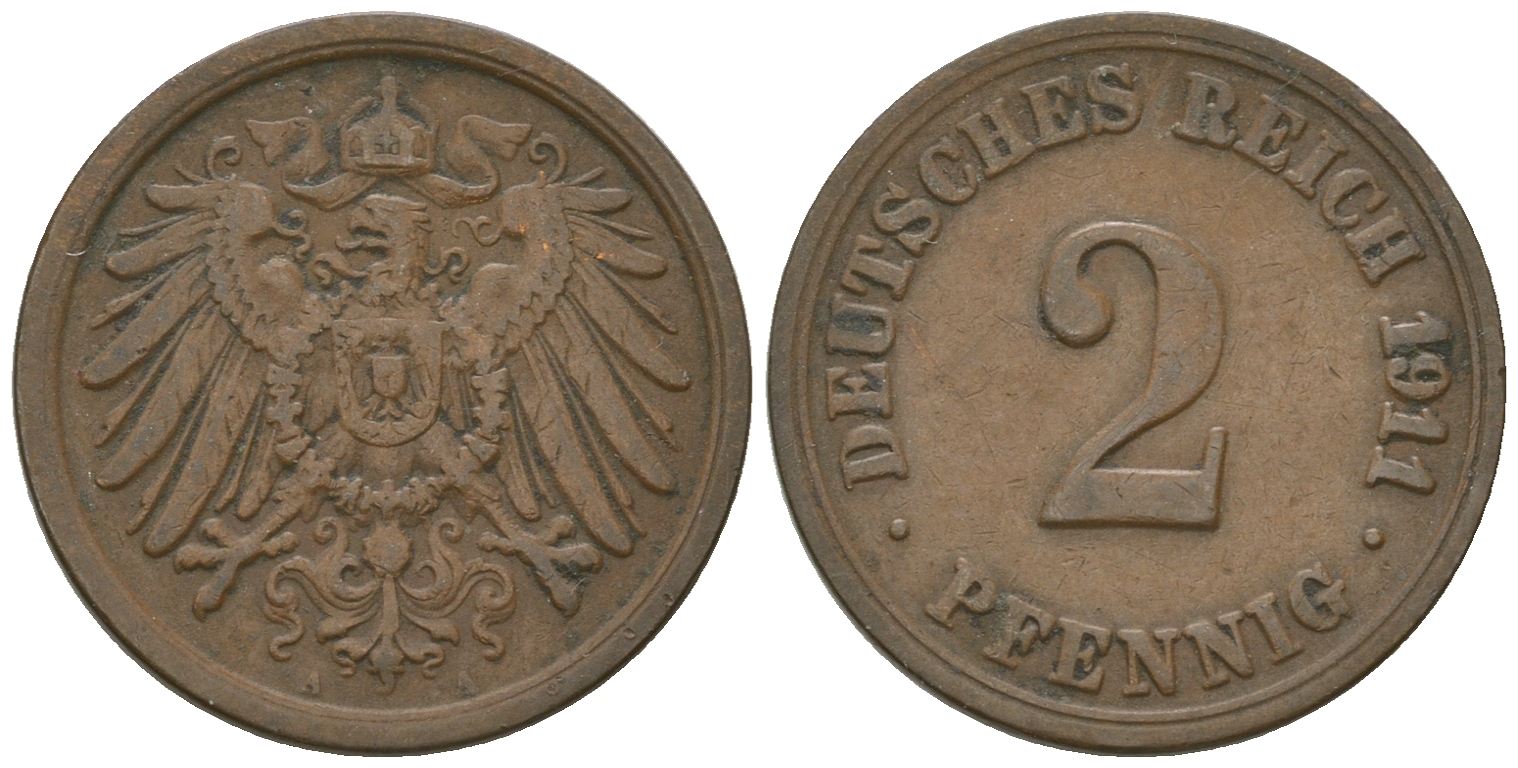 Германия 2 пфеннига 1911 А KM 16, J.11 медь 4651-1149
