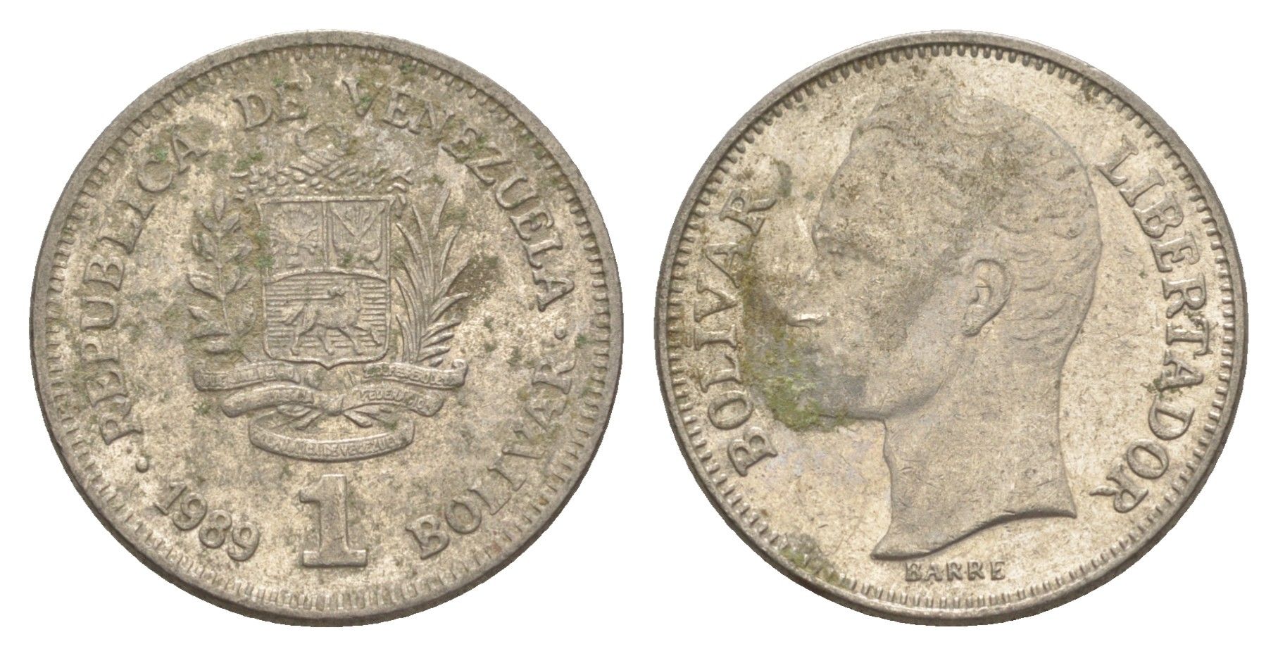 Венесуэла 1 боливар 1989 Симон Боливар, тонкий шрифт Y 52a.1 сталь плакированная никелем 4591-333