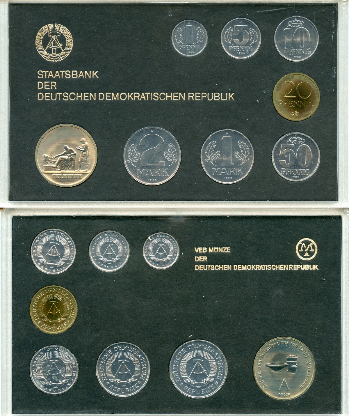 ГДР официальный набор из 7 монет + жетон 1985 тираж 4500 экземпляров, твердый пластик KM MS11 UNC 00-00