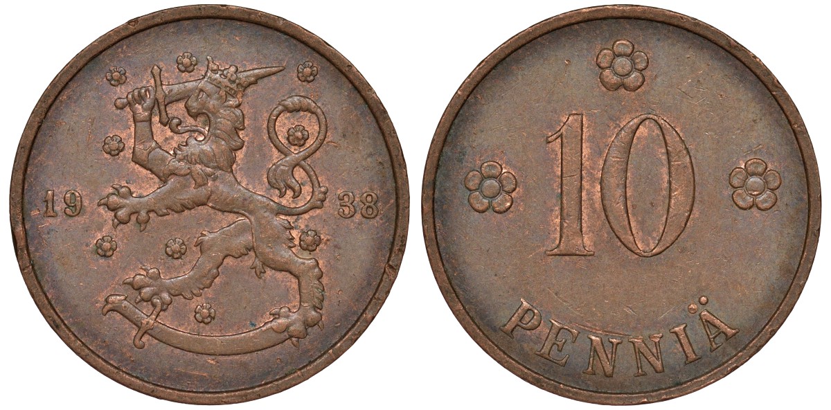 Финляндия 10 пенни 1938 KM 24 медь 51-3021
