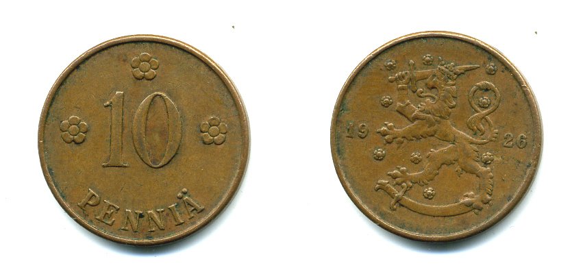 Финляндия 10 пенни 1926 республика (1918-1962) KM 24 медь 46-1522
