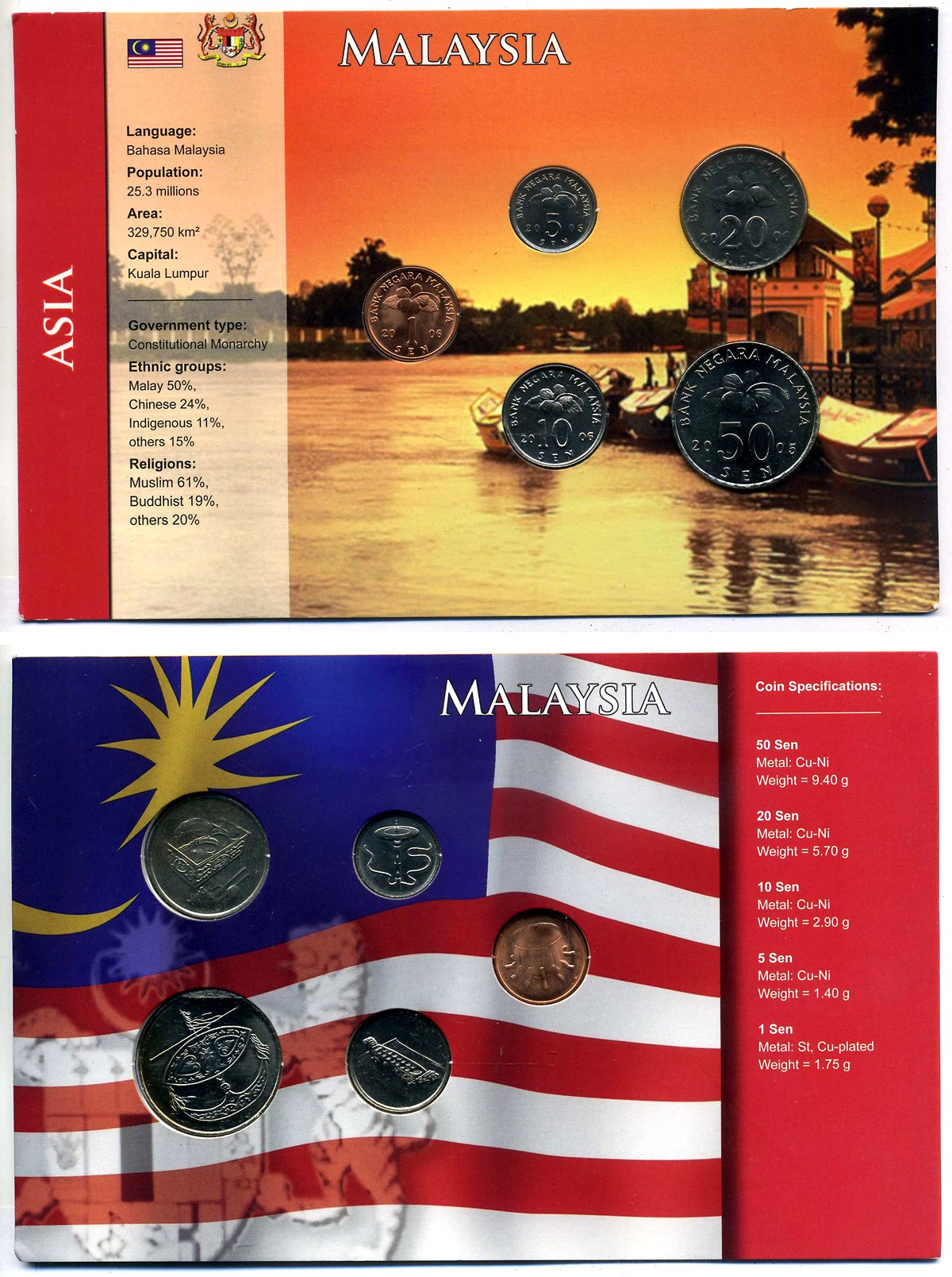 Малайзия набор из 5 монет 2005-2006 картонный буклет (1, 5, 10, 20, 50 сенов) UNC 3-4-9-02