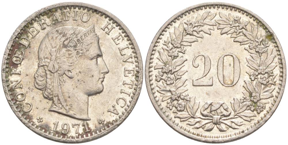 ШВЕЙЦАРИЯ 20 РАППЕНОВ 1971 KM 29a медно-никель 55-934