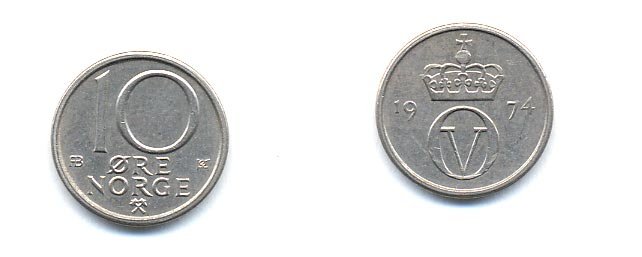 Норвегия 10 эре 1974 Улаф V (1958-1991) KM 416 медно-никель 4379-328