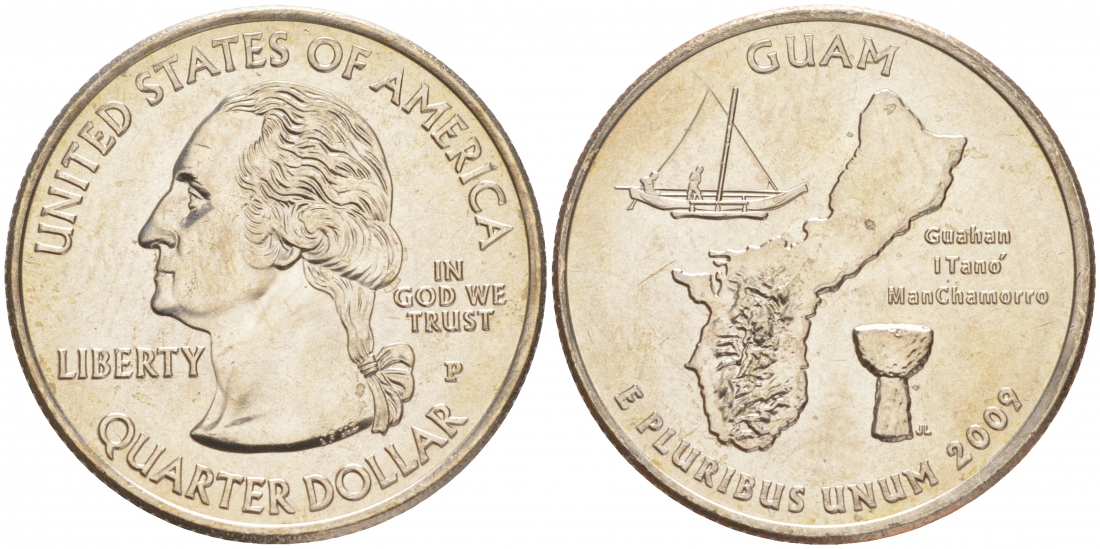 США 25 центов = квотер 2009 P, серия штаты США, Гуам KM 447 медь плакированная медно-никелем UNC M31-1