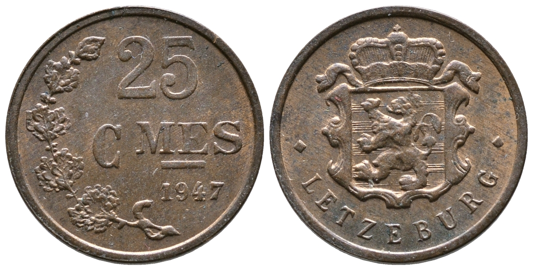 Люксембург 25 сантимов 1947 Шарлотта (1918-1964) KM 45 бронза 220-628