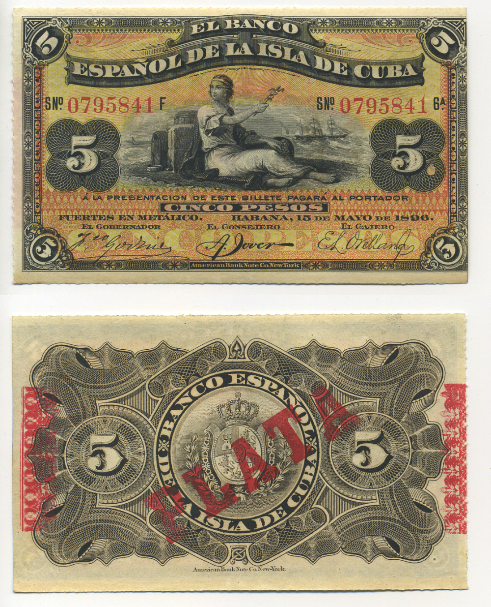 Куба 5 песо 1896 Испанская Администрация, красная надпечатка PLATA Pick 48b бумага UNC (пресс) 448-32-2-1