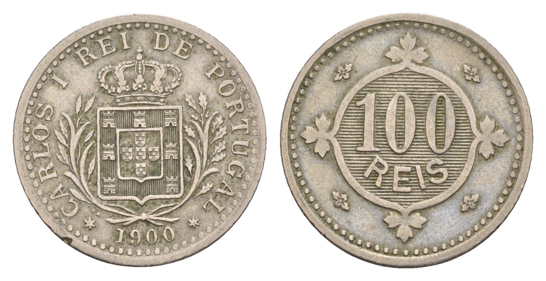 Португалия 100 реалов (рейсов) 1900 Карлуш I (1889-1908), год-тип KM 546 медно-никель 4655-456