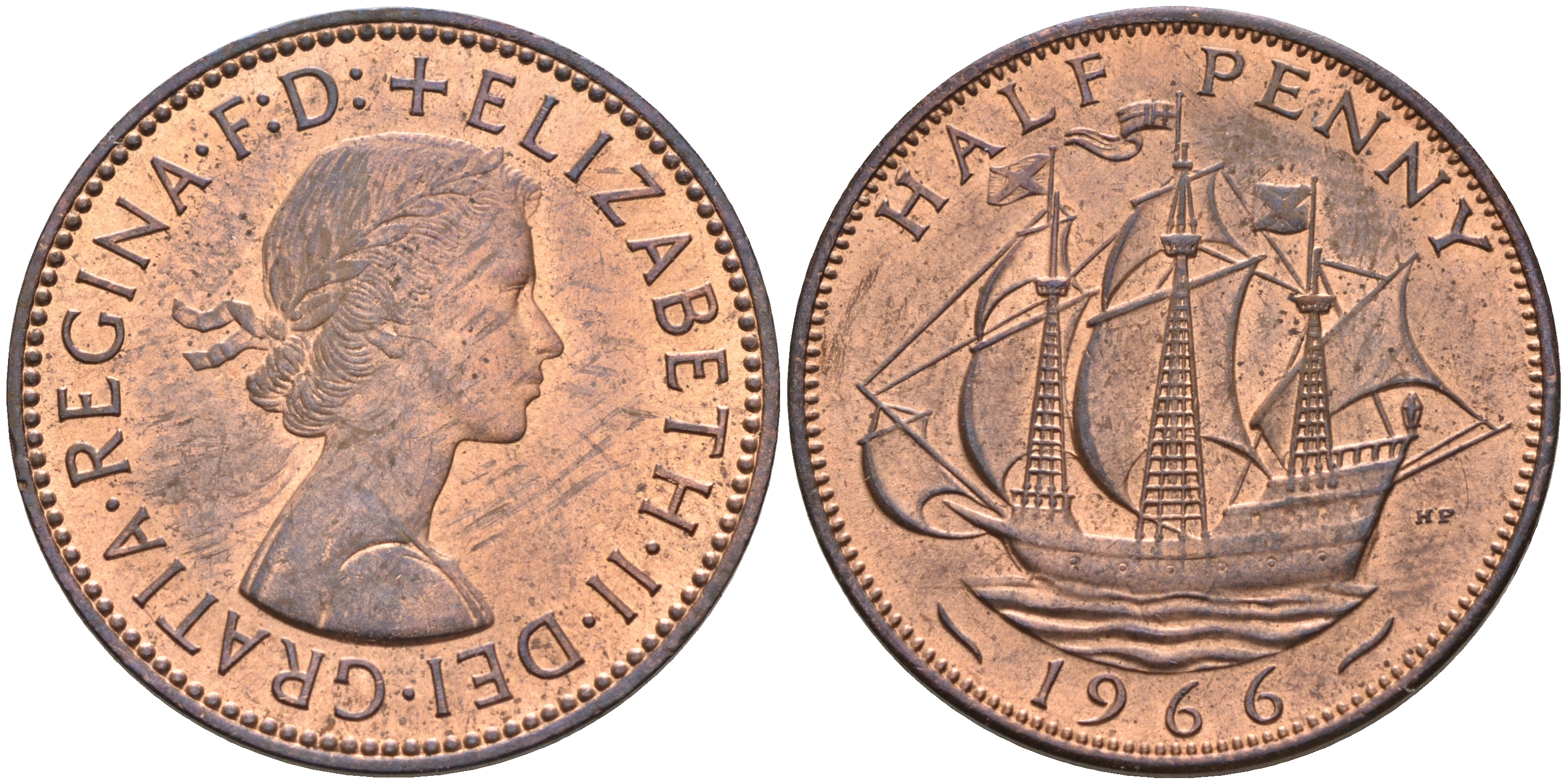 Великобритания 1/2 пенни 1966 Елизавета II (1952-2022) KM 896, Spink 4158 бронза    4148-1252