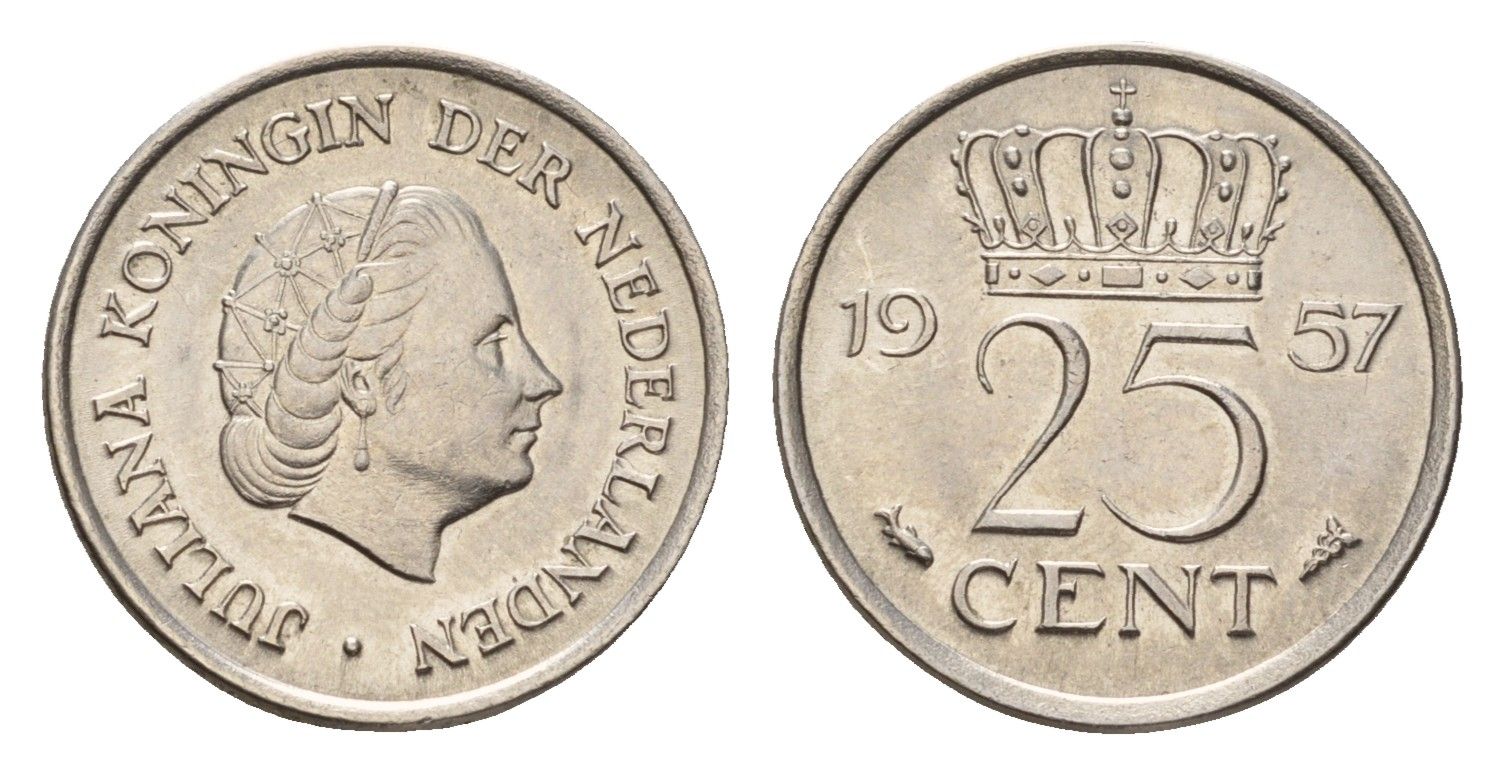 Нидерланды 25 центов 1957 Юлиана (1948-1980) KM 183 никель 4658-813