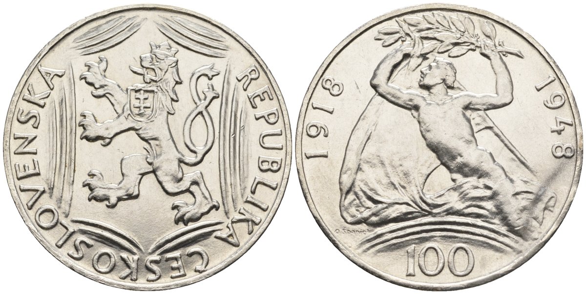Чехословакия 100 крон 1948 30 лет независимости KM 27 серебро UNC 87-1042