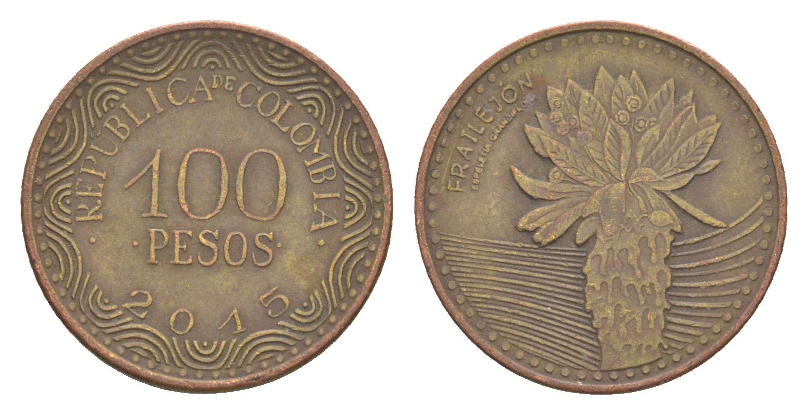 Колумбия 100 песо 2015 KM 296 сталь плакированная латунью 4613-232