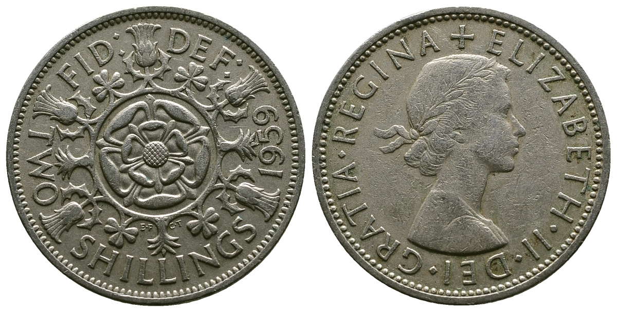Великобритания 2 шиллинга (флорин) 1959 Елизавета II (1952-2022) KM 906, Spink 4146 медно-никель 4382-215