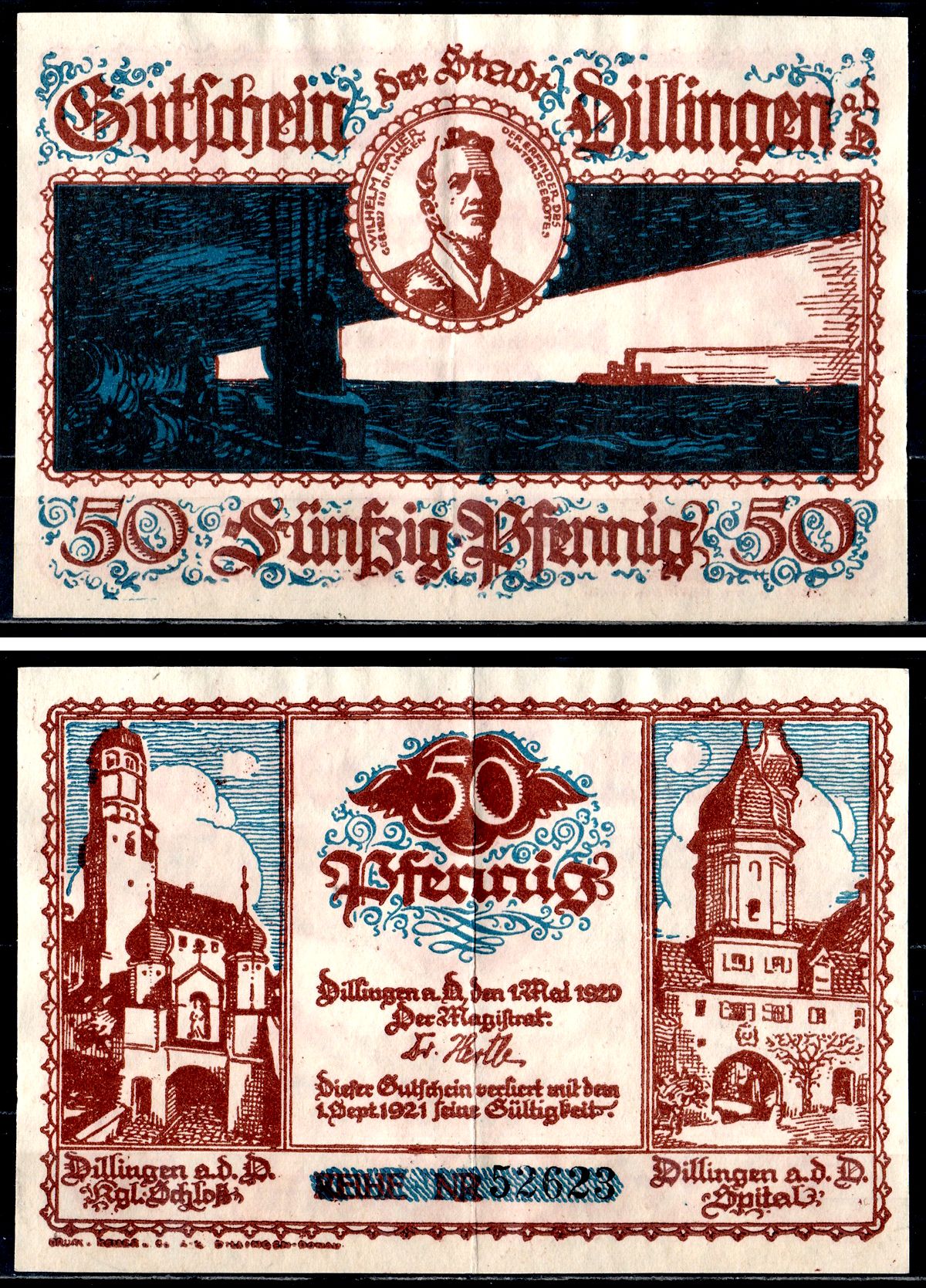 Диллинген-на-Дунае (Бавария) 50 пфеннигов 1920 Mehl Grabowski 274.3b бумага 7555-54-3-1