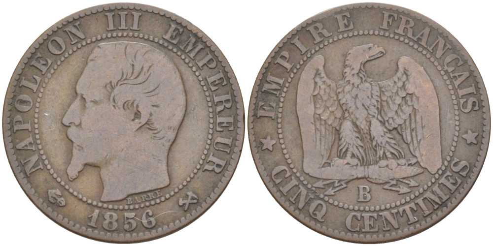 ФРАНЦИЯ 5 САНТИМОВ 1956 B, НАПОЛЕОН III (1852-1870) KM 777.2, LE FRANC 116.31 бронза 111-746