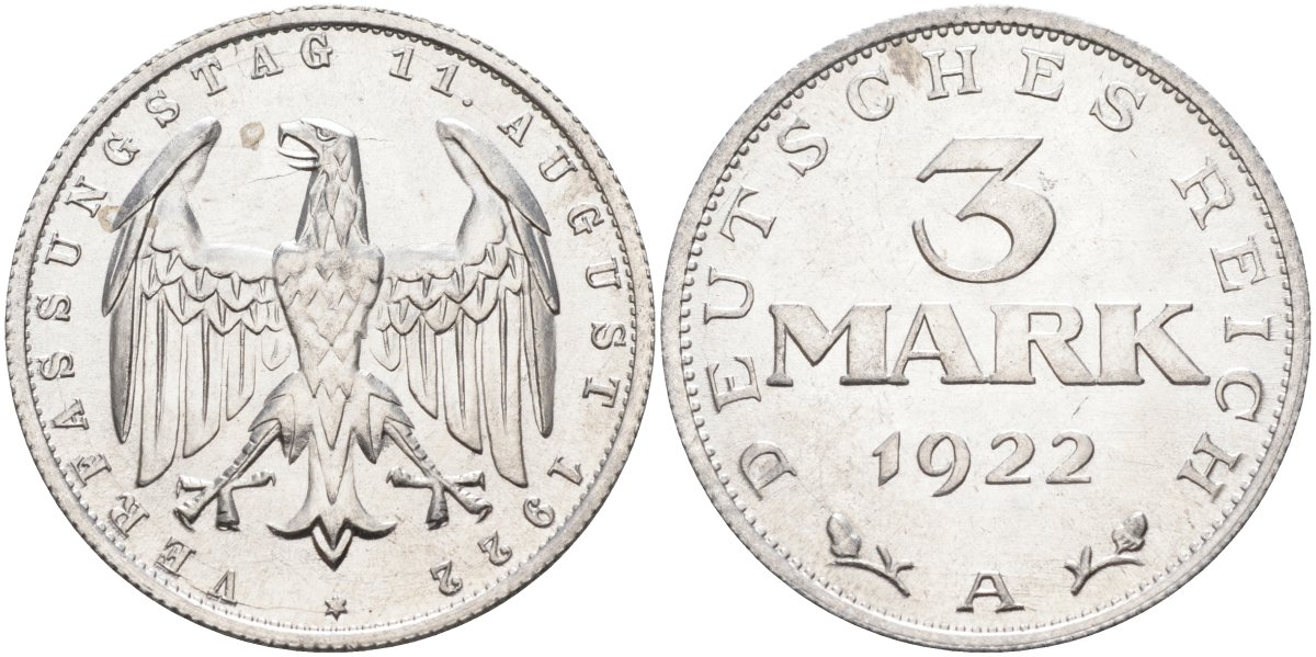 Германия 3 марки 1922 A, третья годовщина Веймарской Конституции KM 29, J.303 алюминий UNC 4587-221