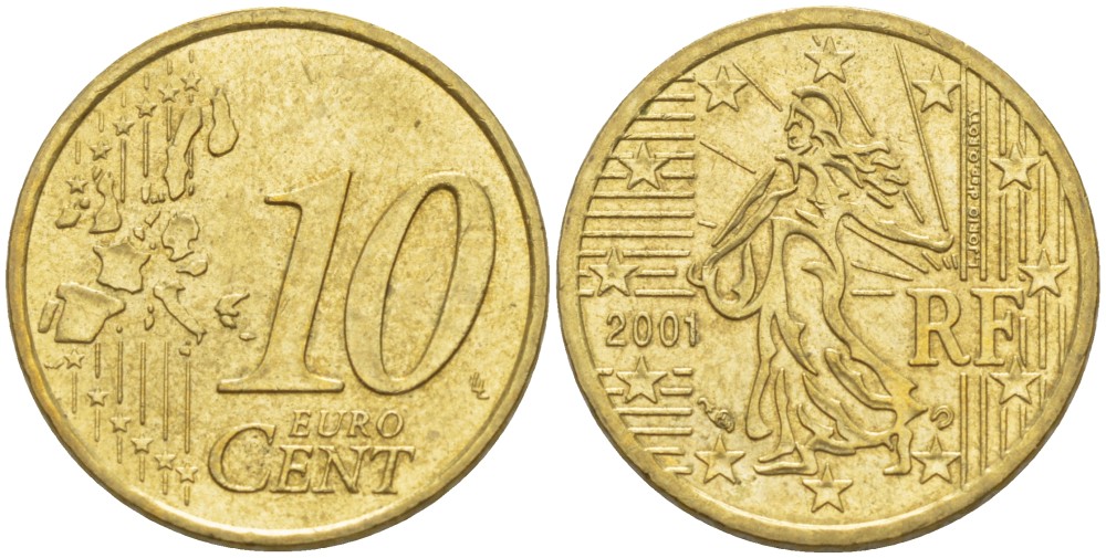Франция 10 евроцентов 2001 KM 1285 латунь 216-1145