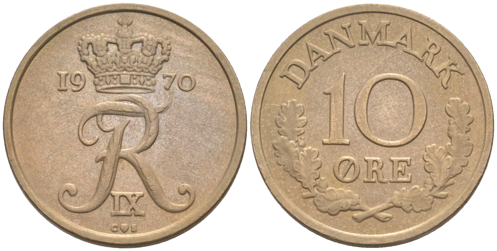 ДАНИЯ 10 ЭРЕ 1970 C; S, ФРЕДЕРИК IX (1947-1972) KM 849.1 медно-никель UNC 187-652