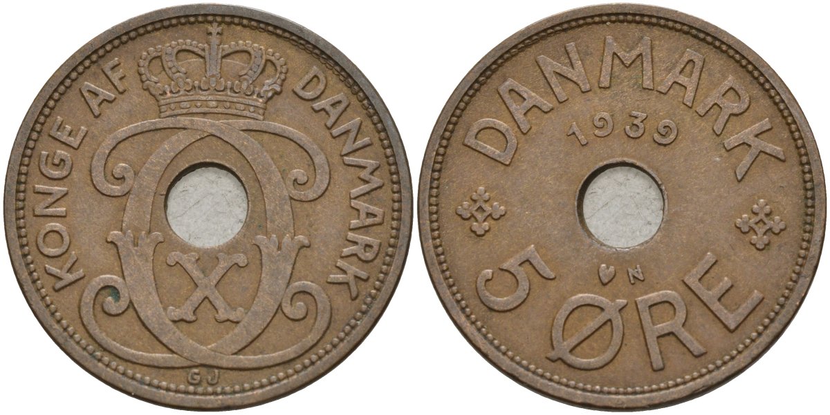 Дания 5 эре 1939 Кристиан X (1912-1947) KM 828 бронза 4148-225