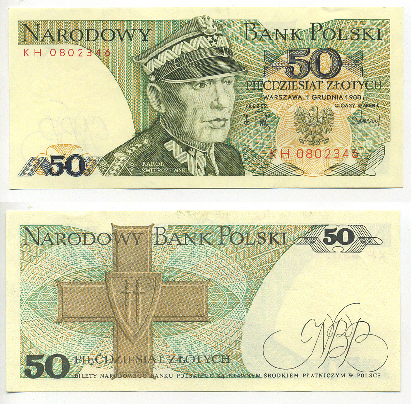 Польша 50 злотых 1988 Кароль Сверчевский, знак Грюнвальдского ордена Pick 142 c бумага UNC (пресс) 6293-17-3