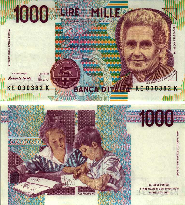Италия 1000 лир 1990 Мария Монтессори Pick 114с бумага UNC (пресс) 7183-26-2-1