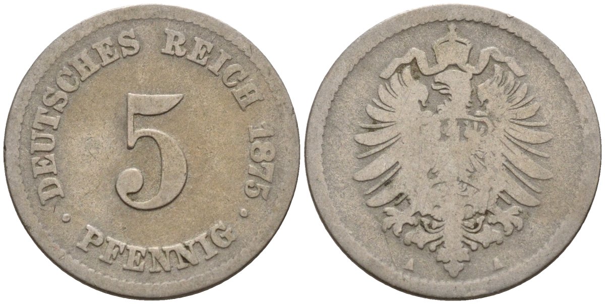 Германия 5 пфеннигов 1875 A, старогербовка KM 3, J. 3 медно-никель 4151-351