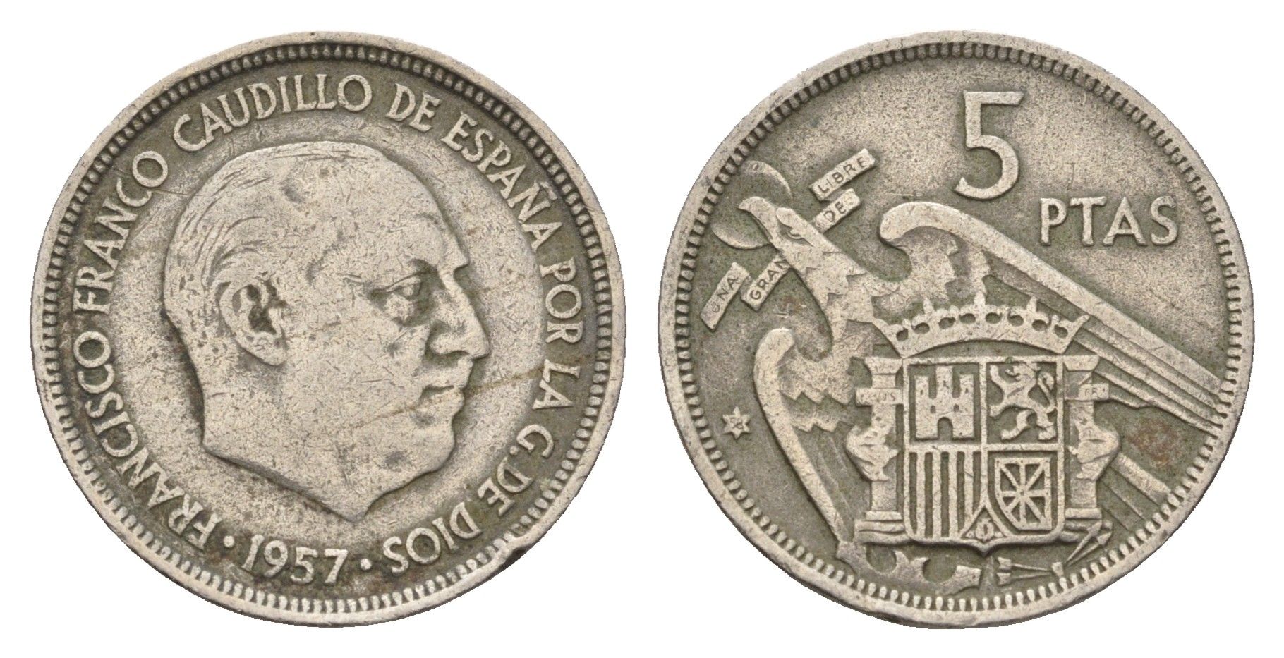 Испания 5 песет 1957 (58) Франсиско Франко (1939-1975) KM 786 медно-никель 4707-323