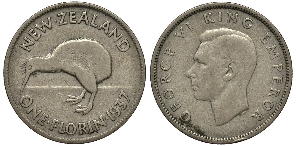 Новая Зеландия 1 флорин 1937 Георг VI (1936-1952), птичка киви, первый год KM 10.1 серебро 272-1424