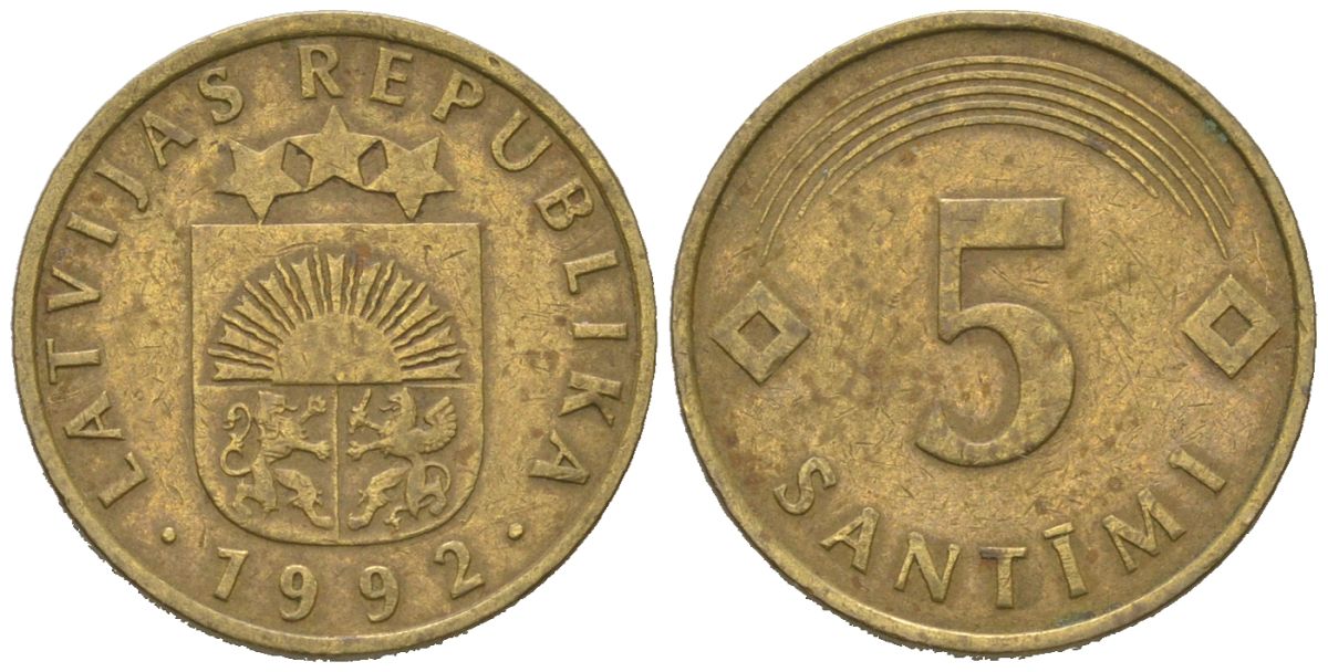 Латвия 5 сантимов 1992 KM 16 никель латунь 4580-547