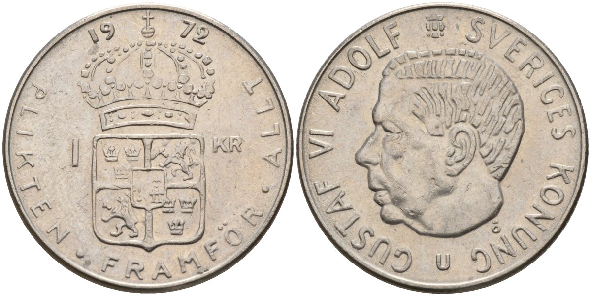 Швеция 1 крона 1972 U, Густав VI Адольф (1950-1973) KM 826a медь плакированный медно-никелем 4150-334