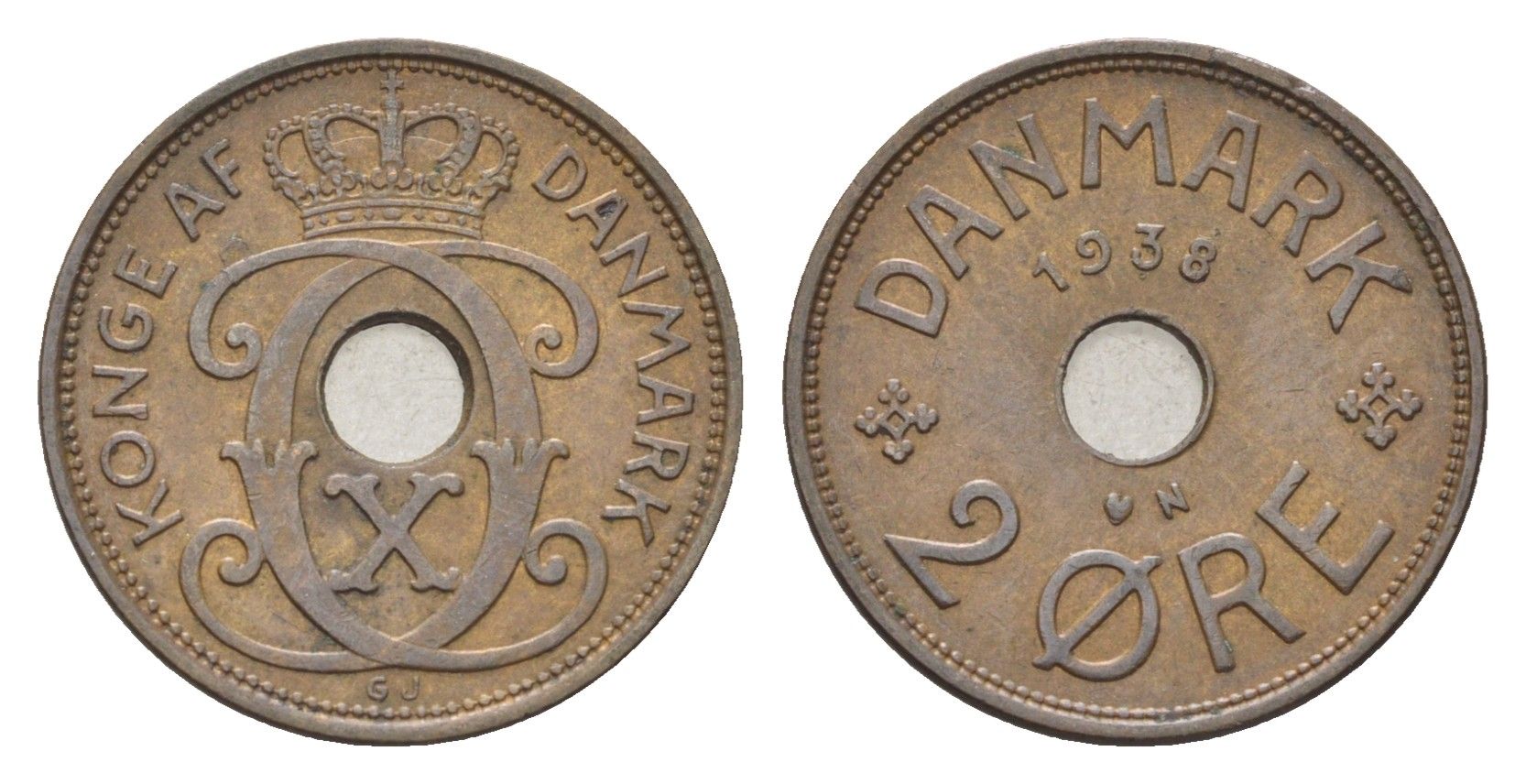 Дания 2 эре 1938 N, Кристиан X (1912-1947) KM 827 бронза 4701-859