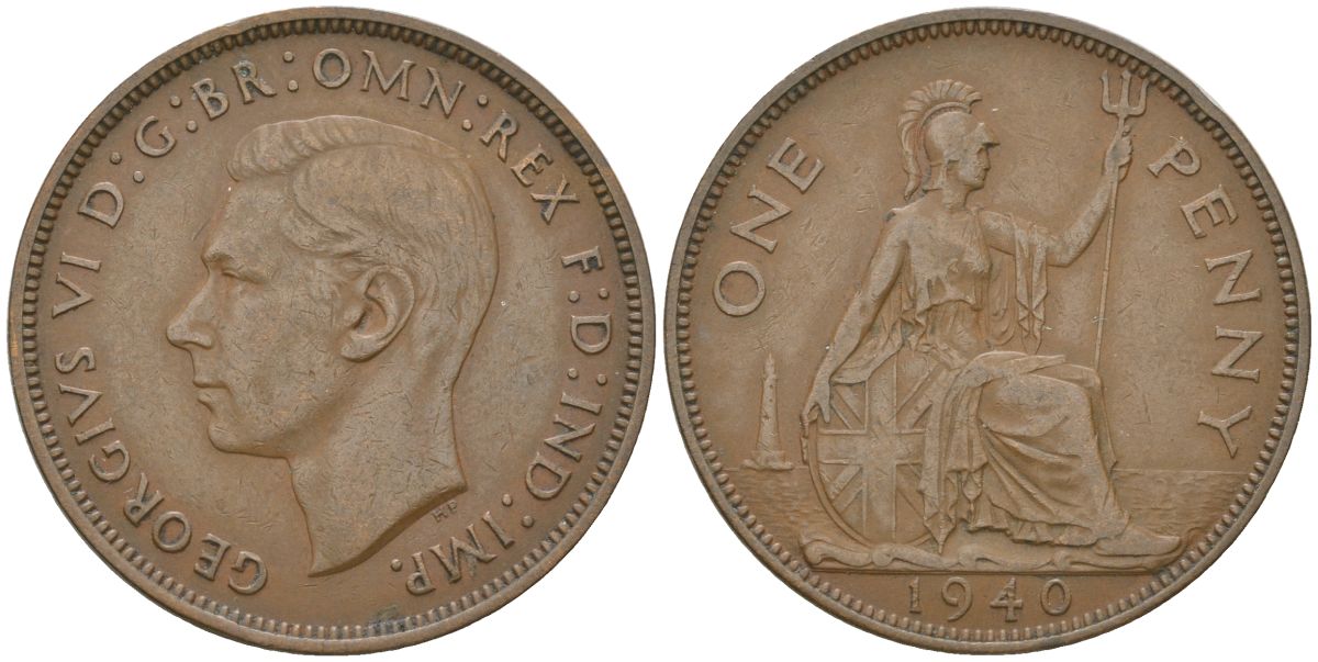 Великобритания 1 пенни 1940 Георг VI (1936-1952) KM 845, Spink 4114 бронза    82-324