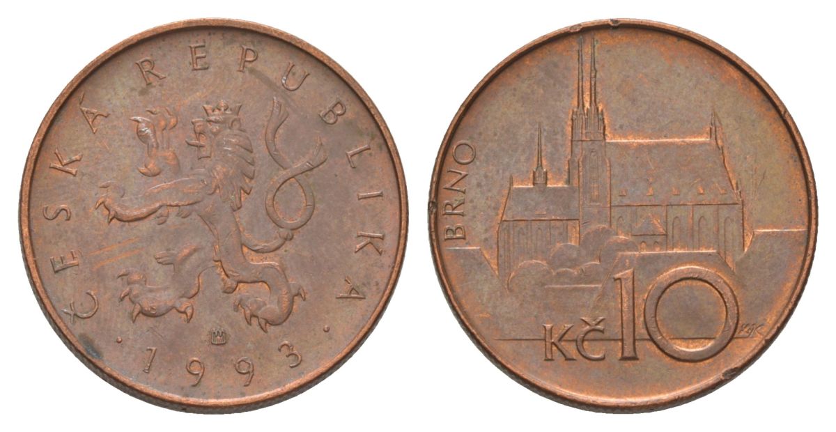 Чехия 10 крон 1993 кафедральный собор, город Брно KM 4 сталь плакированная медью 4622-414