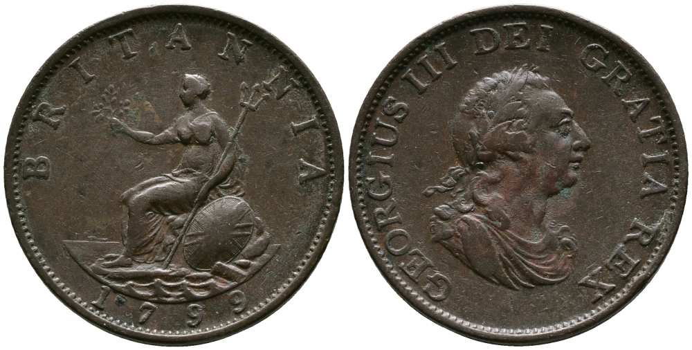 Великобритания 1/2 пенни 1799 Георг III (1760-1820) KM 647, Spink 3778 медь 1518-631