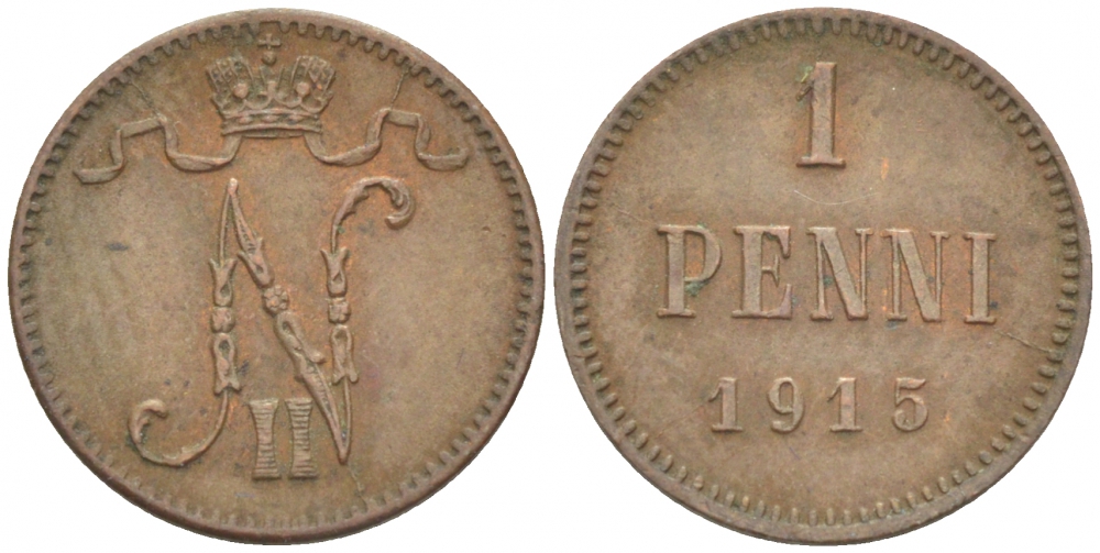 РОССИЯ ДЛЯ ФИНЛЯНДИИ 1 ПЕННИ 1915 НИКОЛАЙ II KM 13, Биткин 475 медь 4396-1443